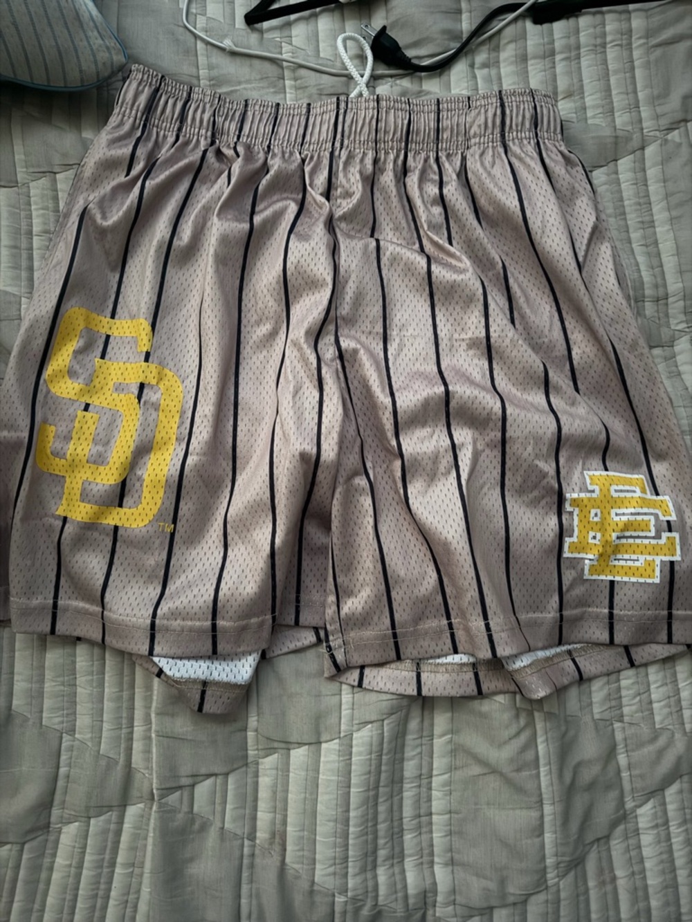 Men's Taupe Pinstripe Athletic Shorts with Yellow Accents Eric Emanuel